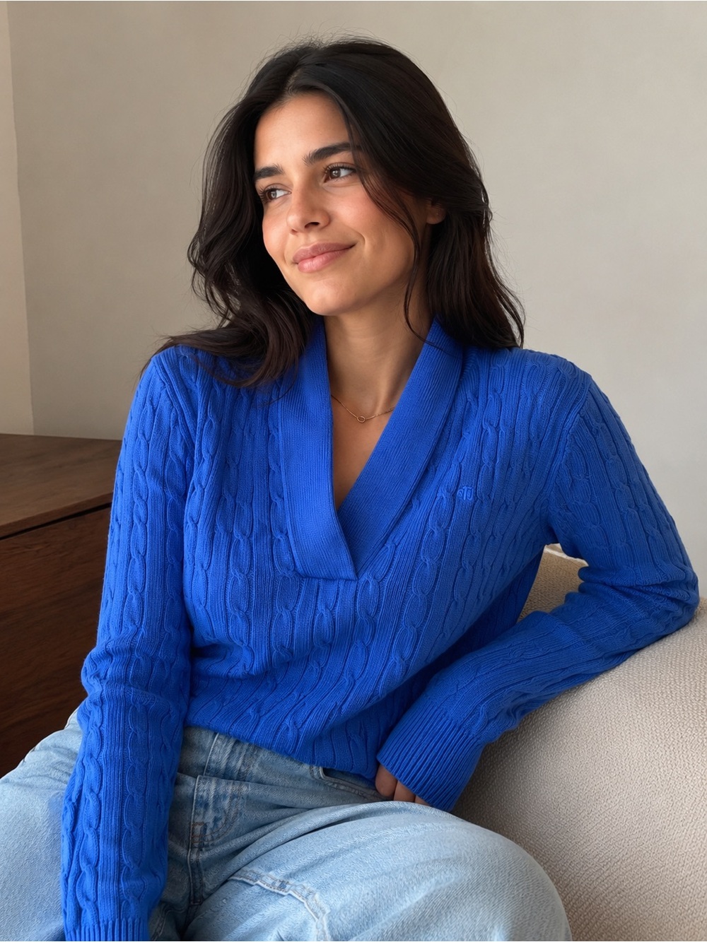 Ralph Lauren Bright Blue Cable-Knit V-Neck Sweater